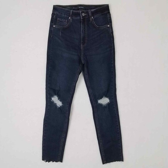 Wild Fable Highest Rise Skinny‎ Jeans Sz 4 Dark Wash Distressed Raw Hem Stretch - Picture 1 of 14